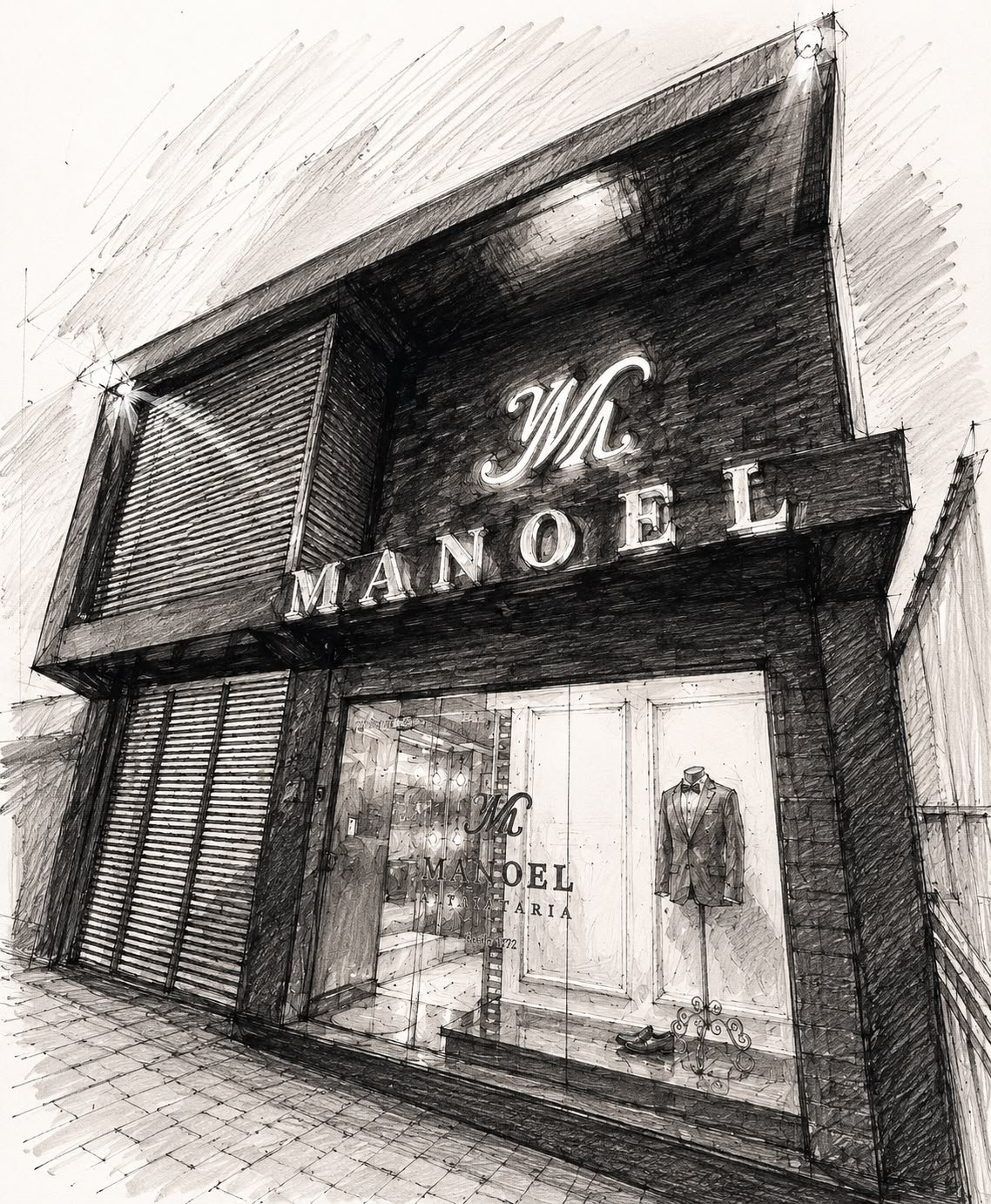 Ilustração da fachada da loja Manoel Alfaiataria, em Anápolis